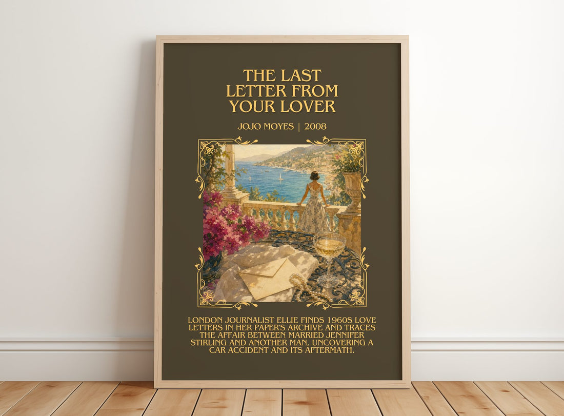 The Last Letter From Your Lover Minimalist Book Poster by Jojo Moyes – framed print leaning on a wooden floor