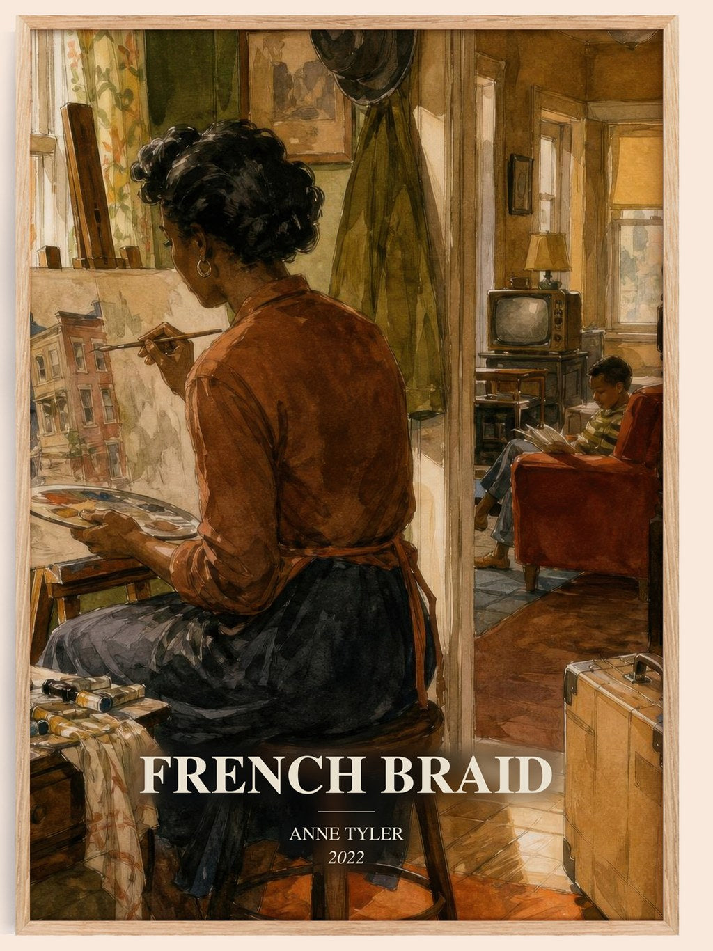 French Braid watercolour book poster by Anne Tyler – framed literary art print