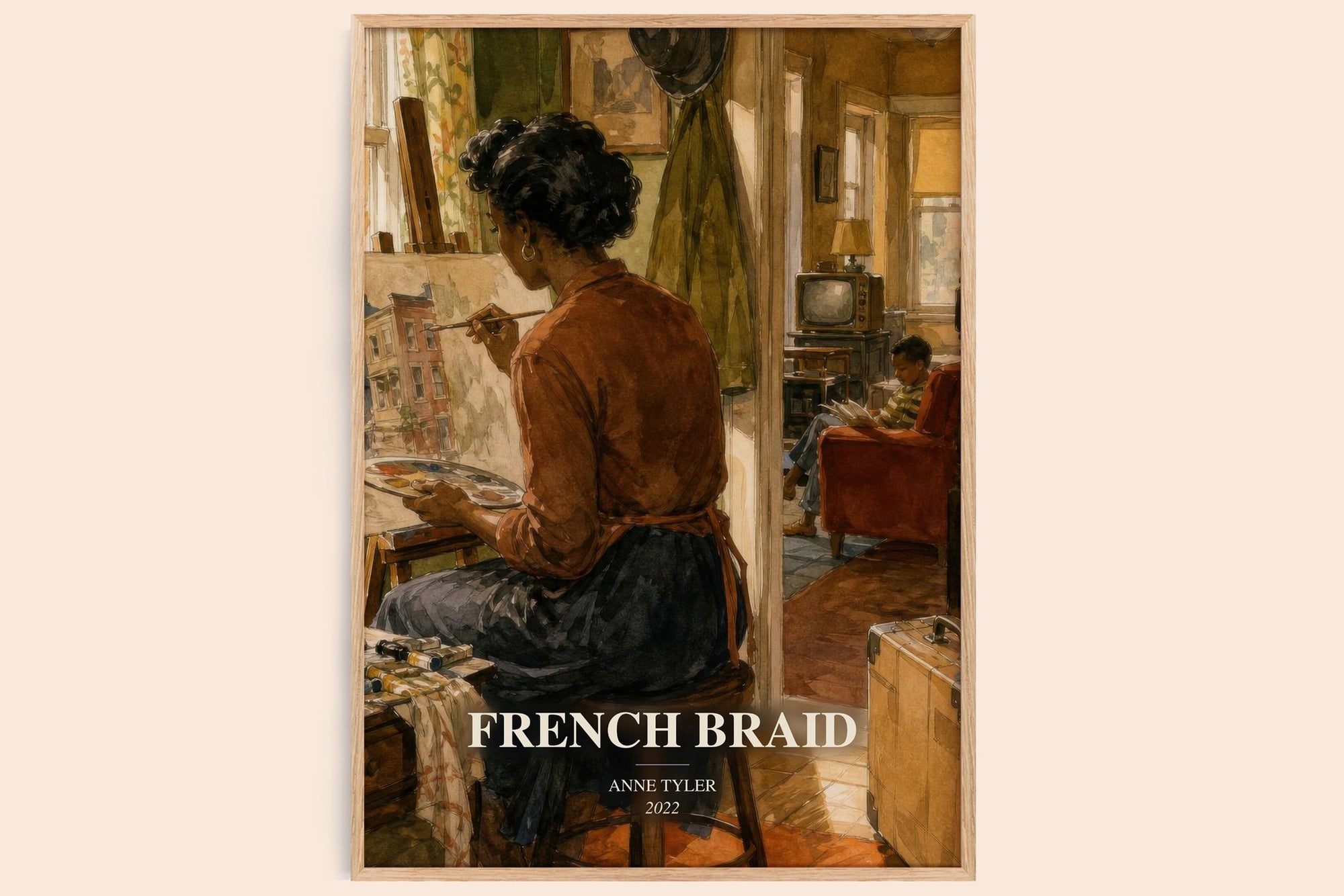French Braid watercolour book poster by Anne Tyler – framed literary art print