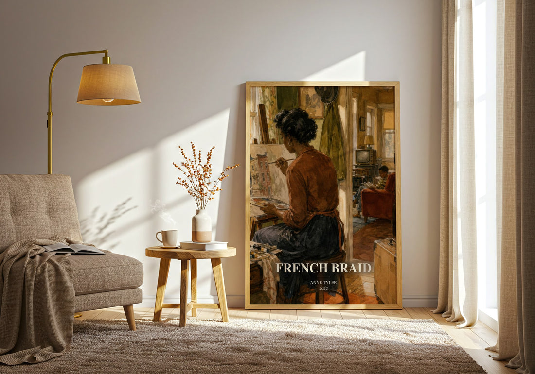 French Braid watercolour print in frame leaning in hallway – literary fiction wall art (mockup)