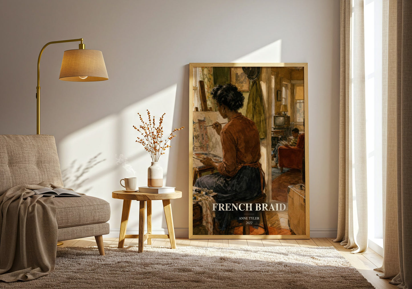 French Braid watercolour print in frame leaning in hallway – literary fiction wall art