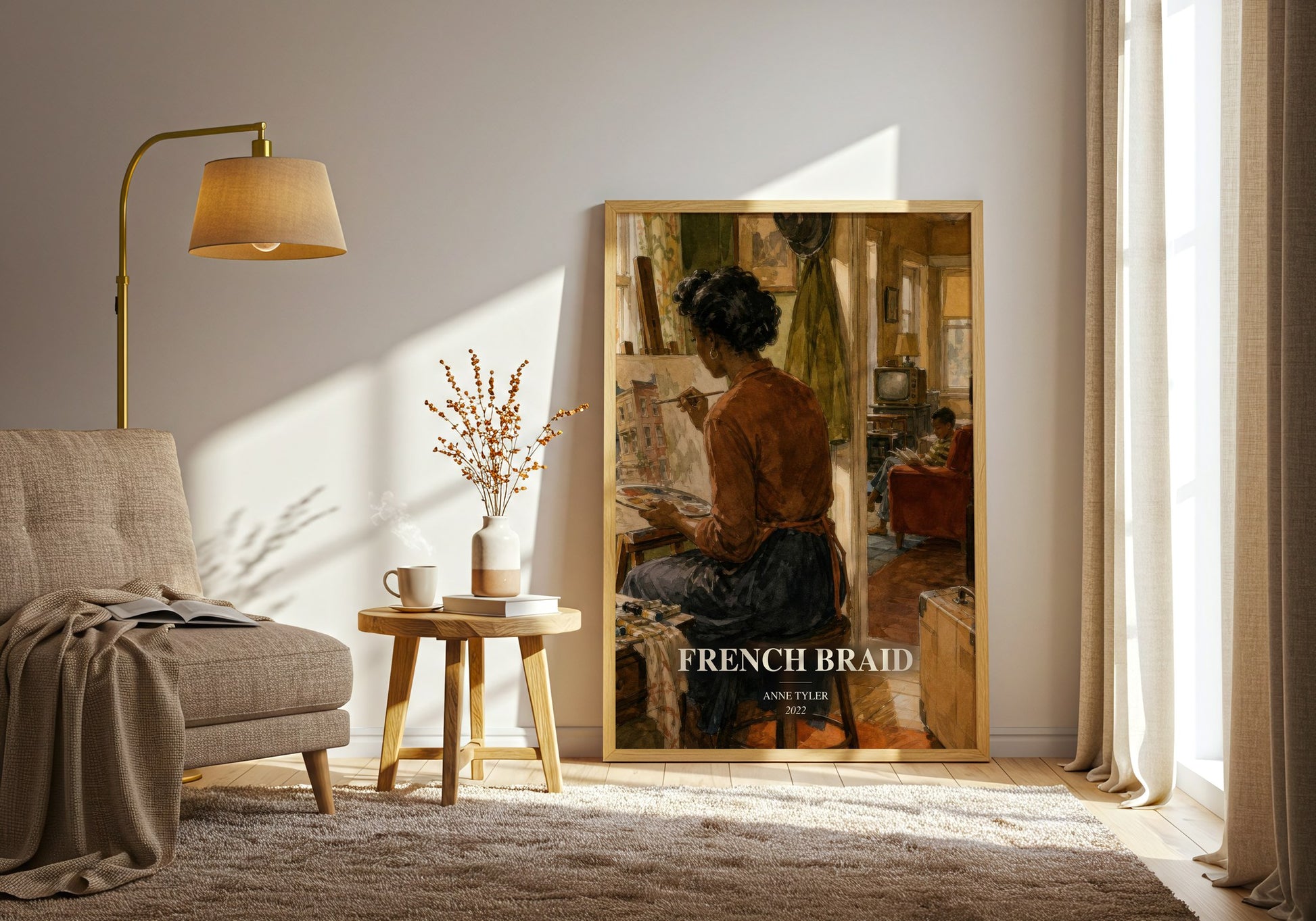 French Braid watercolour print in frame leaning in hallway – literary fiction wall art