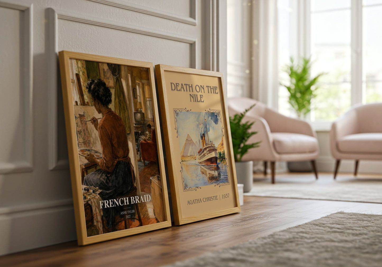 French Braid watercolour print framed by window – literary home decor