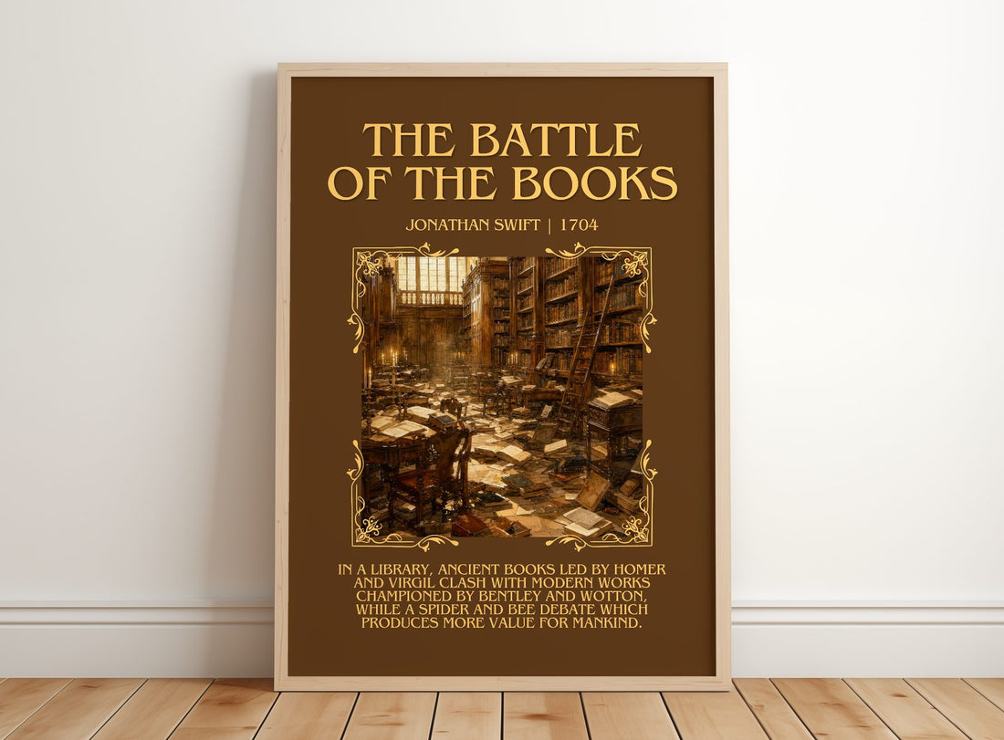 The Battle Of The Books Minimalist Book Poster by Jonathan Swift – framed print leaning on a wooden floor