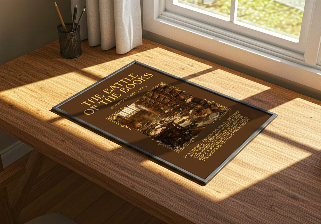 The Battle Of The Books Minimalist Book Poster by Jonathan Swift – print on a sunlit desk