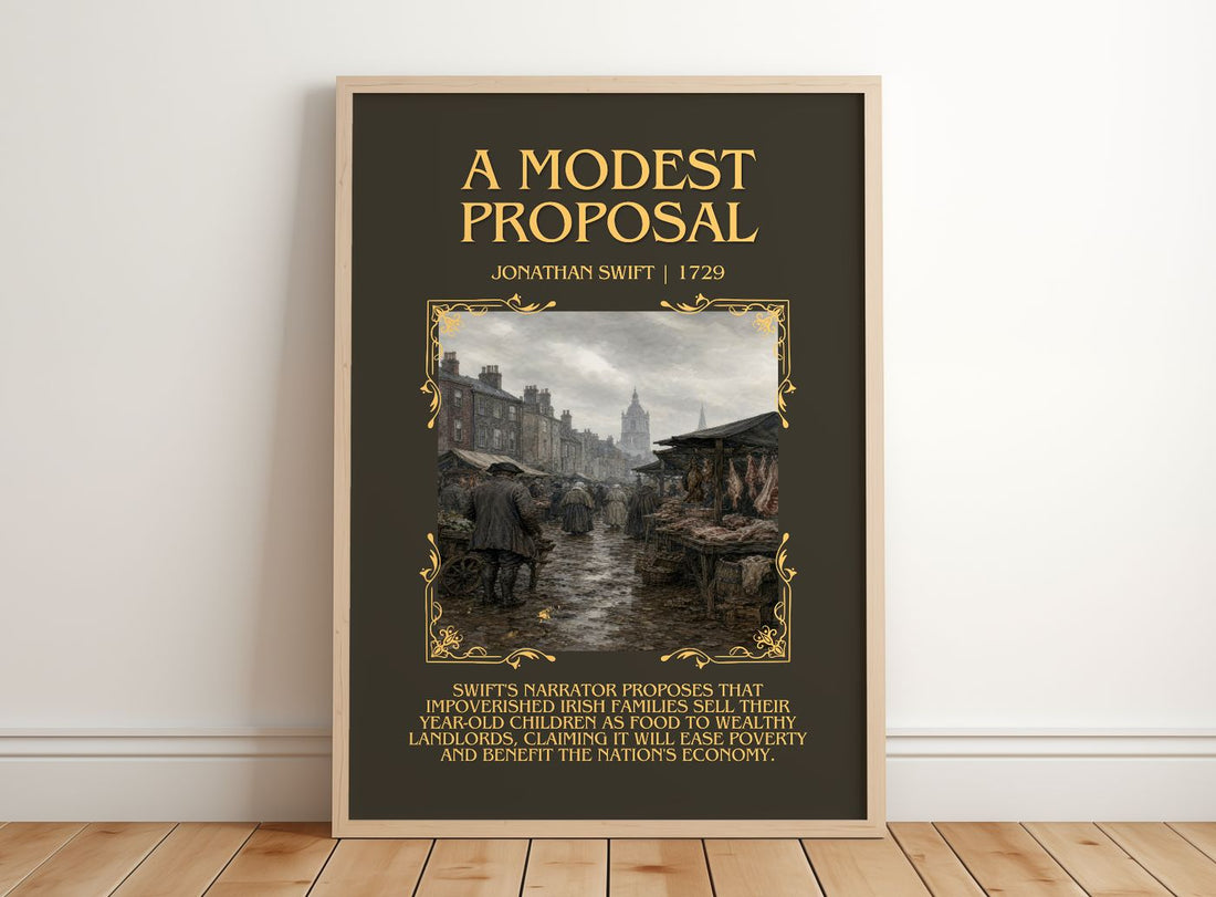 A Modest Proposal Minimalist Book Poster by Jonathan Swift – framed print leaning on a wooden floor