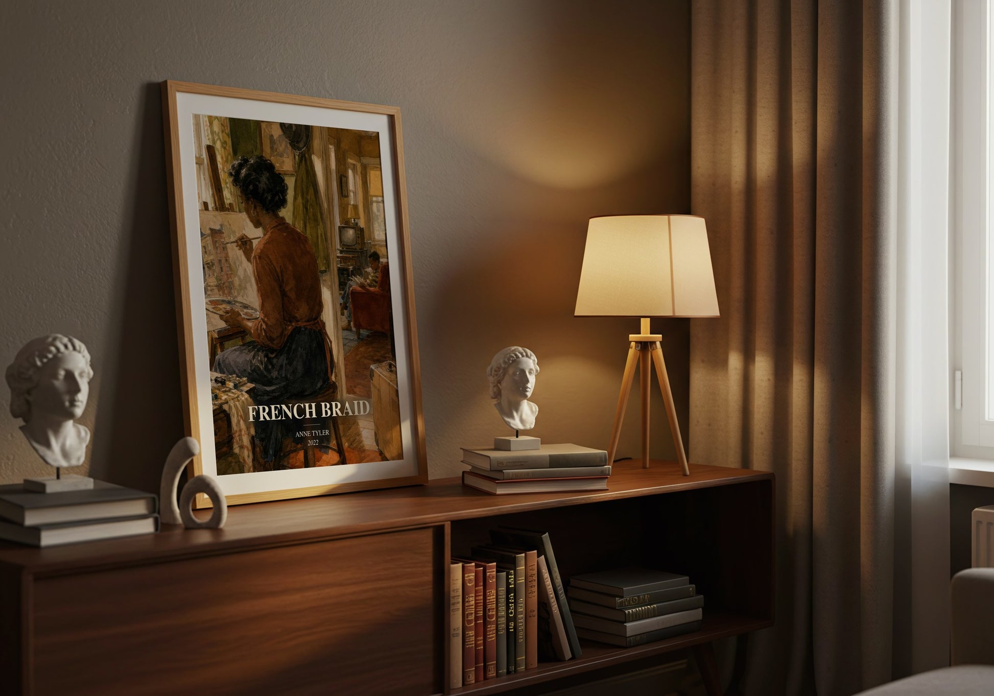 French Braid watercolour print on bookshelf – Anne Tyler fan gift
