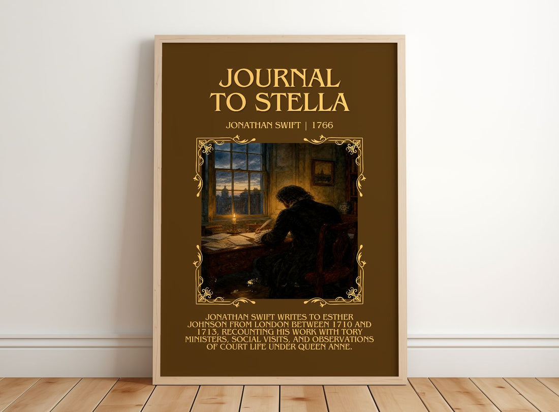 Journal To Stella Minimalist Book Poster by Jonathan Swift – framed print leaning on a wooden floor