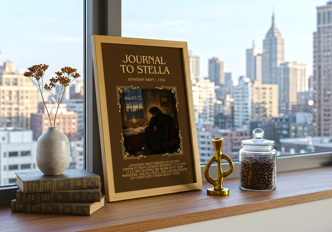 Journal To Stella Minimalist Book Poster by Jonathan Swift – framed print on a city-view windowsill