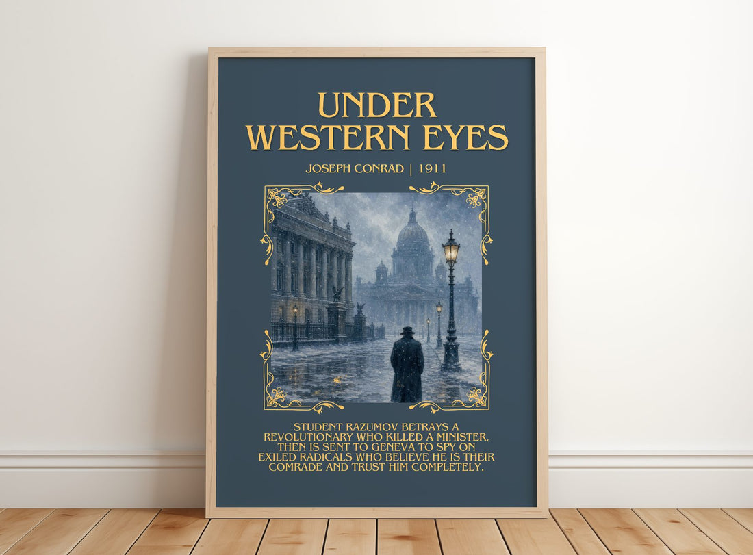 Under Western Eyes Minimalist Book Poster by Joseph Conrad – framed print leaning on a wooden floor