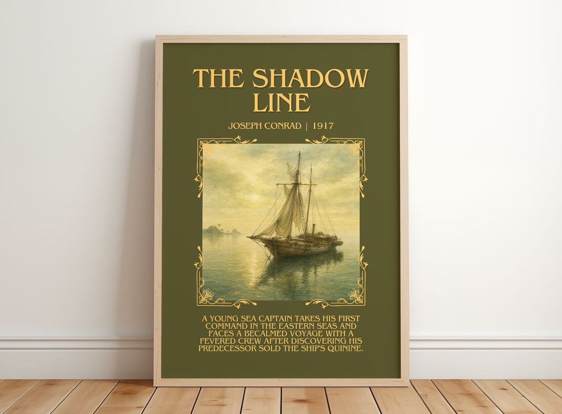 The Shadow Line Minimalist Book Poster by Joseph Conrad – framed print leaning on a wooden floor
