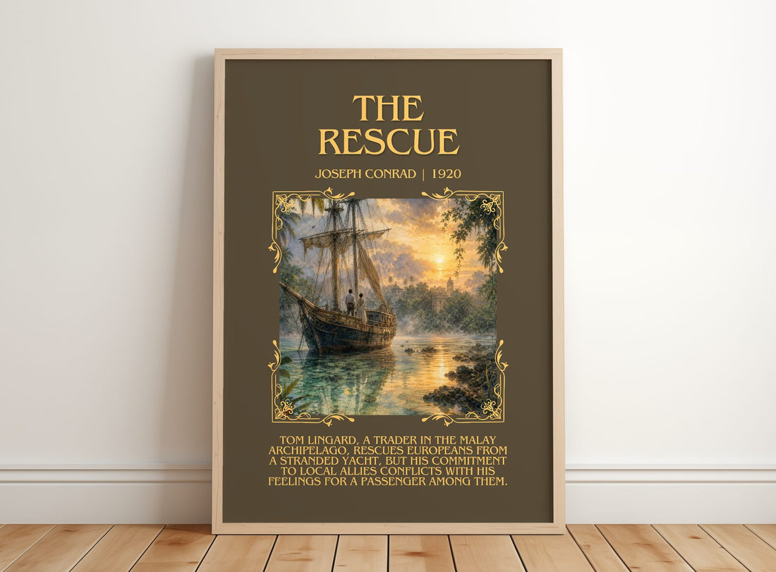 The Rescue Minimalist Book Poster by Joseph Conrad – framed print leaning on a wooden floor