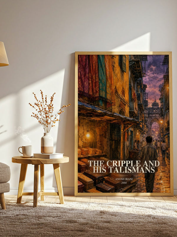 The Cripple And His Talismans watercolour print in frame leaning in hallway – literary fiction wall art