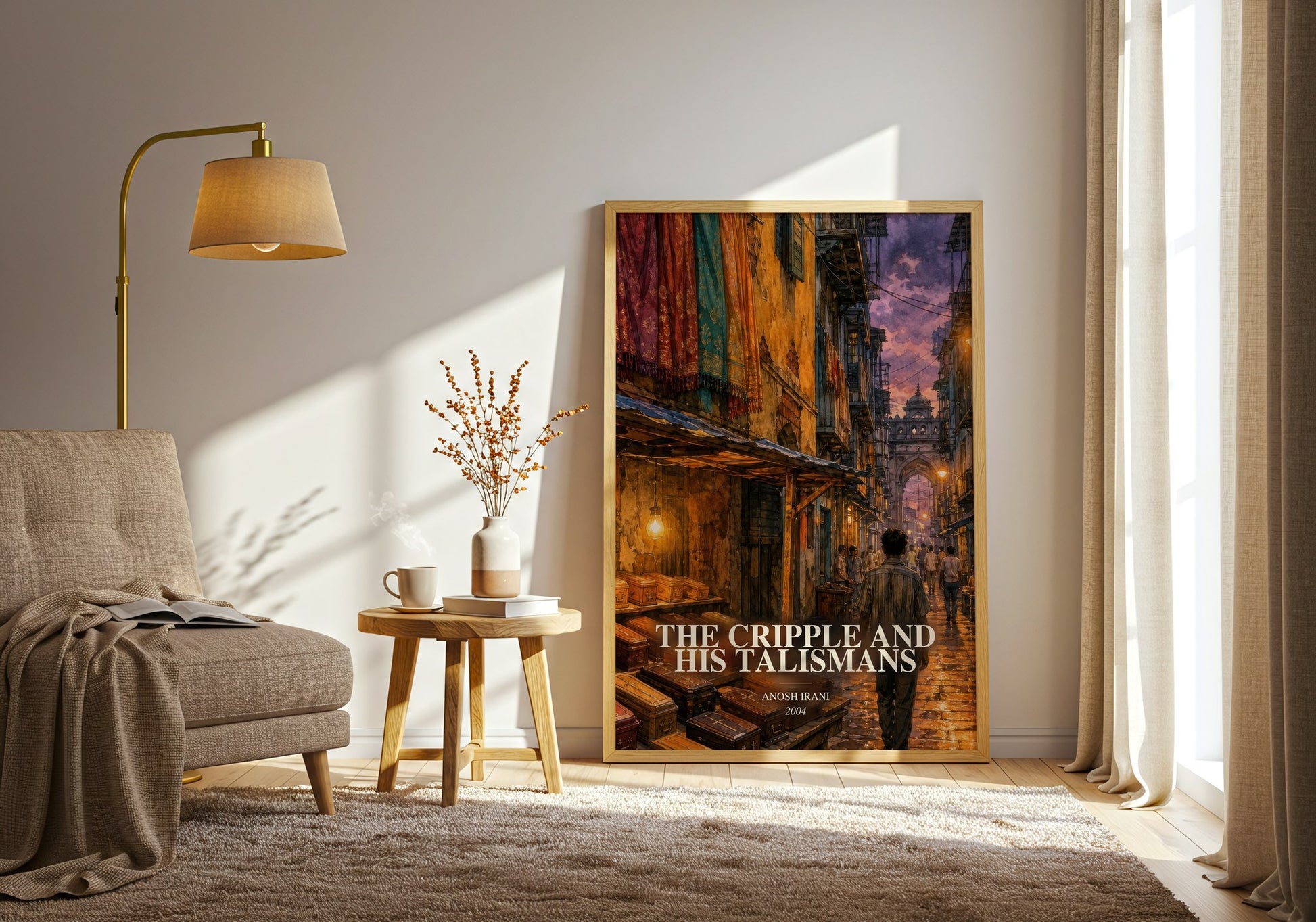 The Cripple And His Talismans watercolour print in frame leaning in hallway – literary fiction wall art