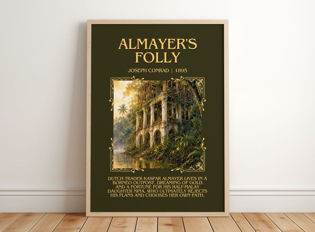 Almayer'S Folly Minimalist Book Poster by Joseph Conrad – framed print leaning on a wooden floor