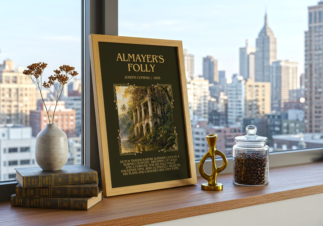 Almayer'S Folly Minimalist Book Poster by Joseph Conrad – framed print on a city-view windowsill