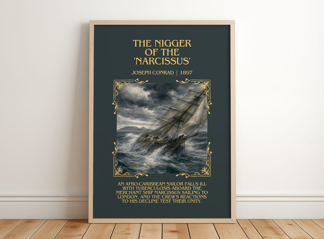 The Nigger Of The 'Narcissus' Minimalist Book Poster by Joseph Conrad – framed print leaning on a wooden floor