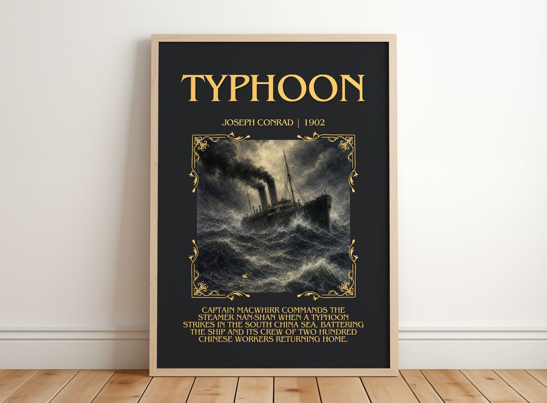 Typhoon Minimalist Book Poster by Joseph Conrad – framed print leaning on a wooden floor