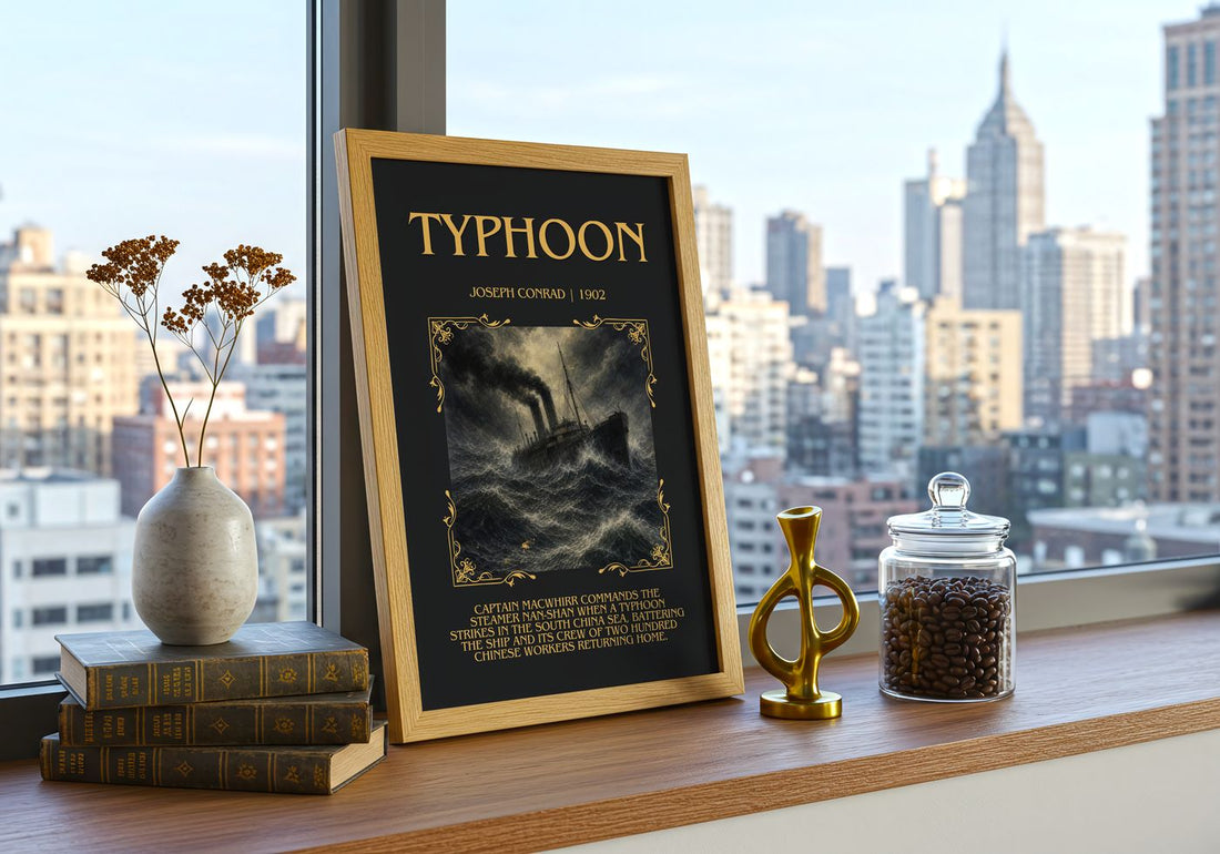 Typhoon Minimalist Book Poster by Joseph Conrad – framed print on a city-view windowsill