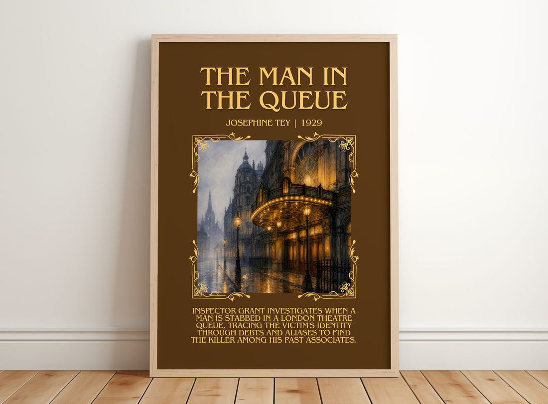 The Man In The Queue Minimalist Book Poster by Josephine Tey – framed print leaning on a wooden floor