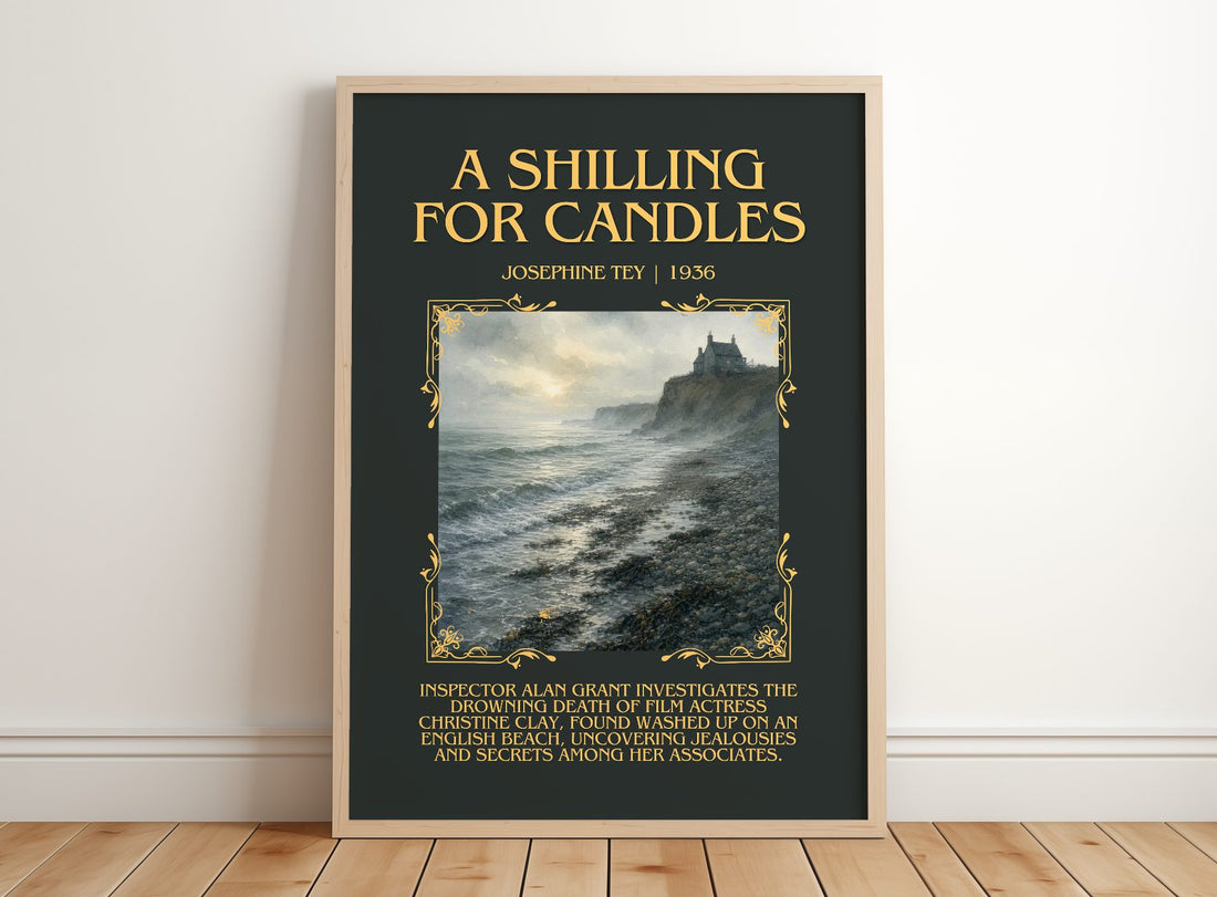 A Shilling For Candles Minimalist Book Poster by Josephine Tey – framed print leaning on a wooden floor