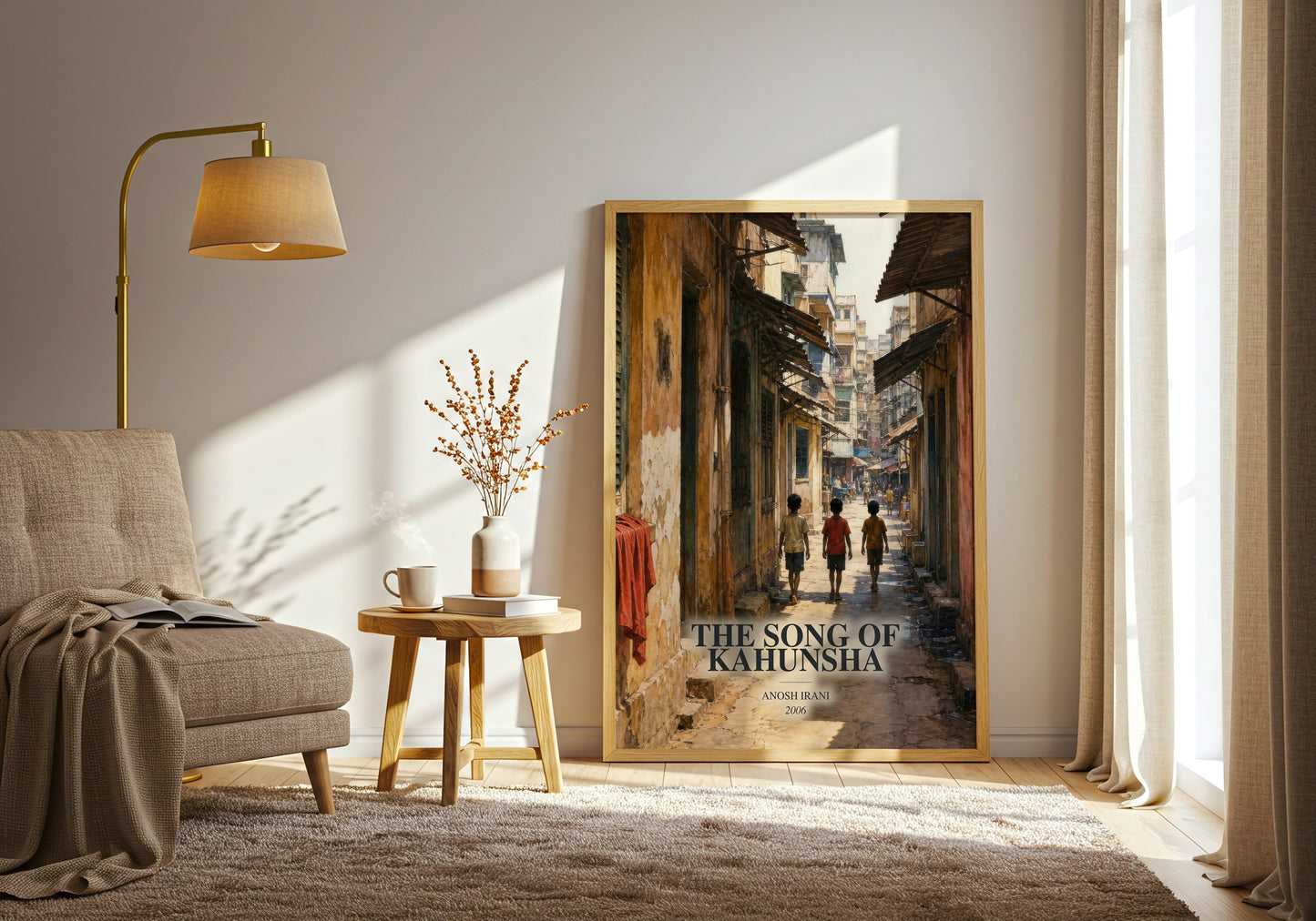 The Song Of Kahunsha watercolour print in frame leaning in hallway – literary fiction wall art