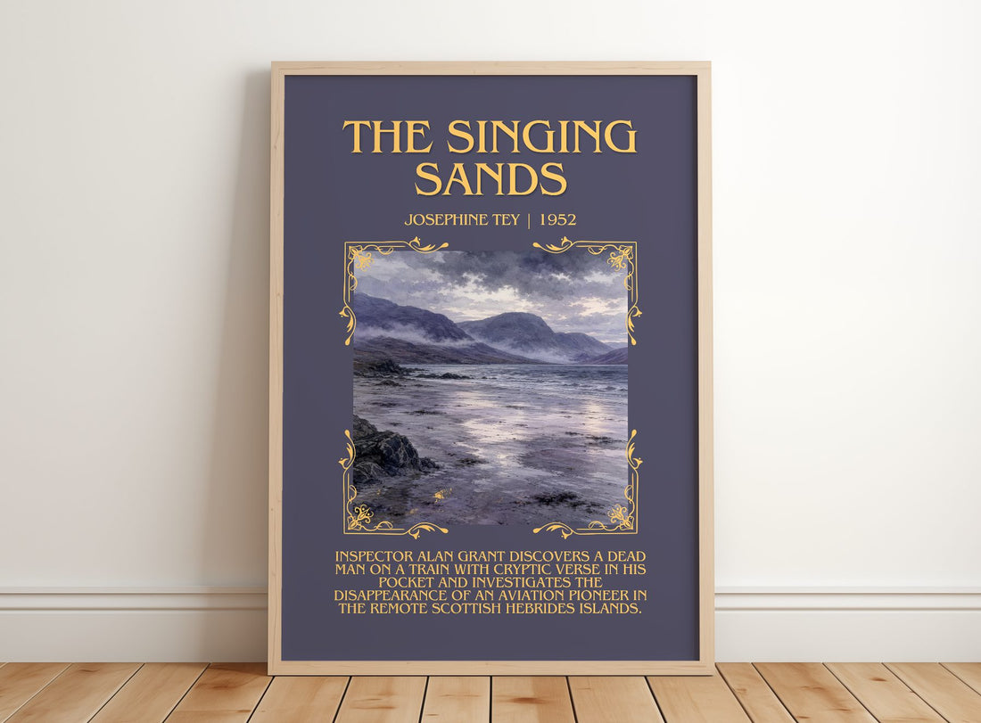 The Singing Sands Minimalist Book Poster by Josephine Tey – framed print leaning on a wooden floor