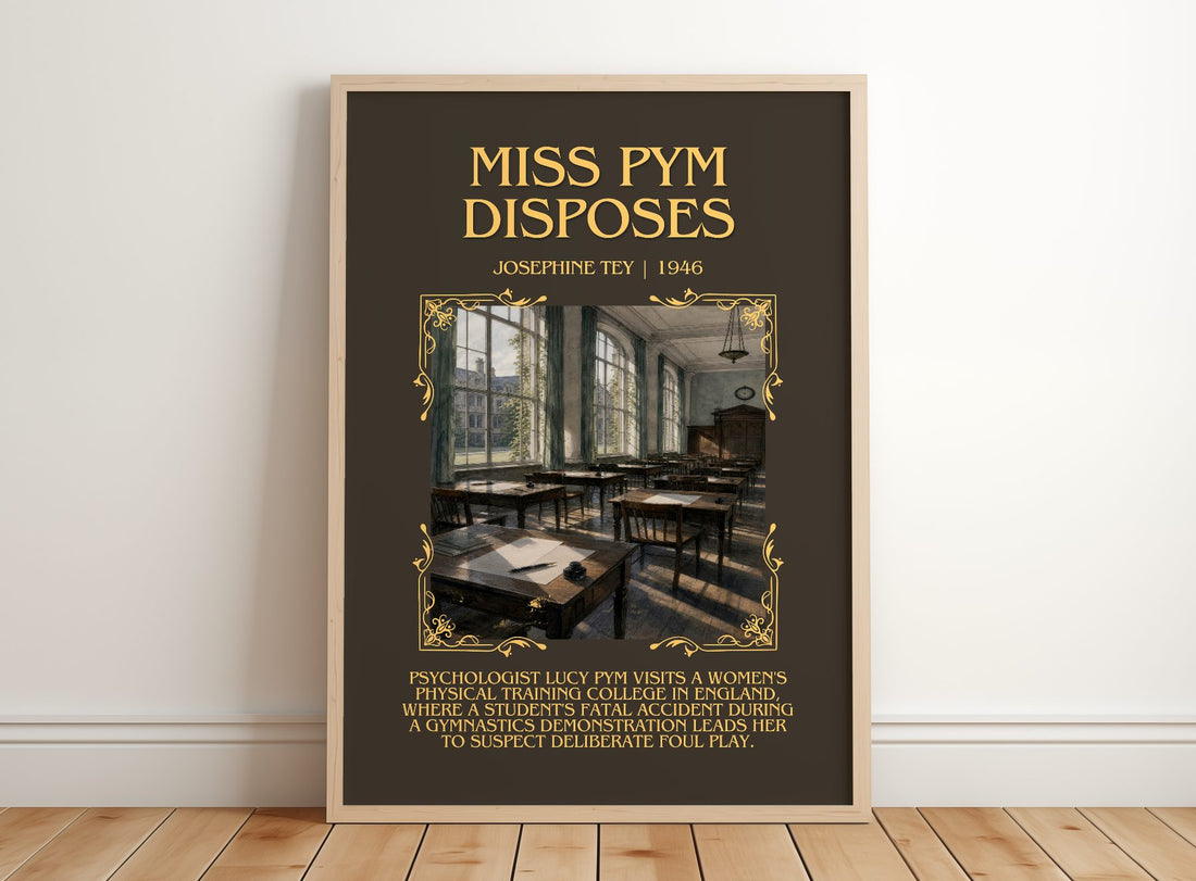 Miss Pym Disposes Minimalist Book Poster by Josephine Tey – framed print leaning on a wooden floor