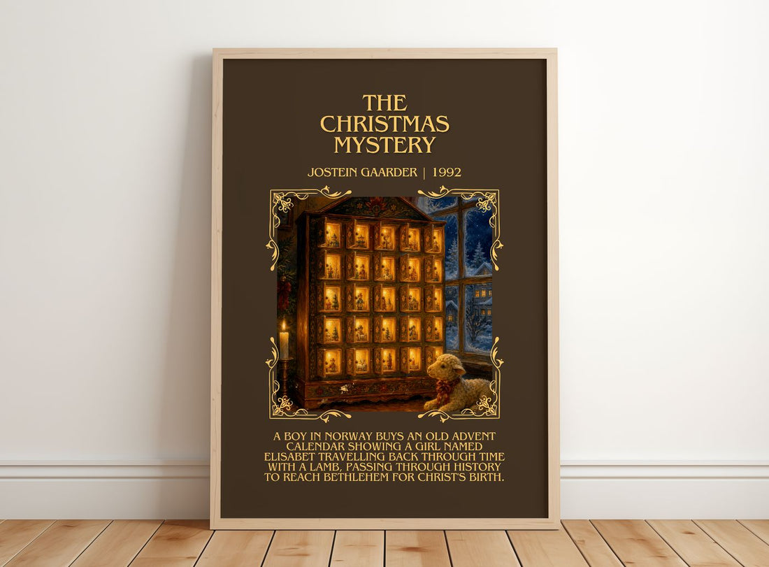 The Christmas Mystery Minimalist Book Poster by Jostein Gaarder – framed print leaning on a wooden floor