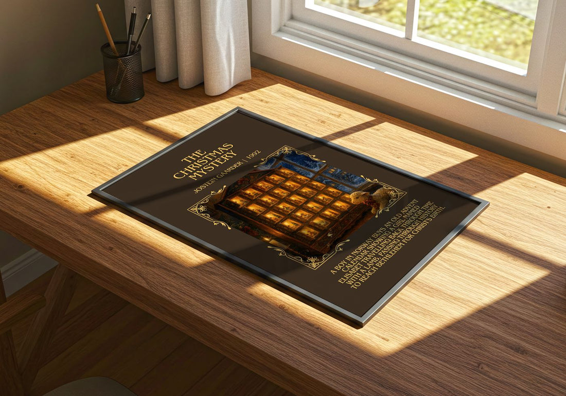 The Christmas Mystery Minimalist Book Poster by Jostein Gaarder – print on a sunlit desk