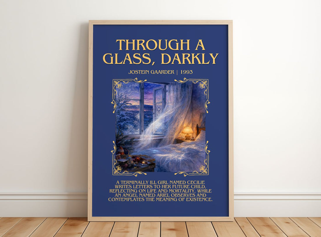 Through A Glass, Darkly Minimalist Book Poster by Jostein Gaarder – framed print leaning on a wooden floor