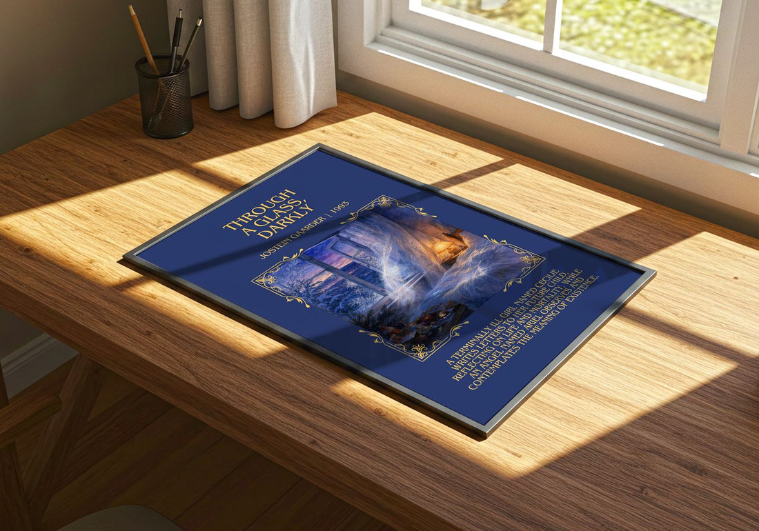 Through A Glass, Darkly Minimalist Book Poster by Jostein Gaarder – print on a sunlit desk