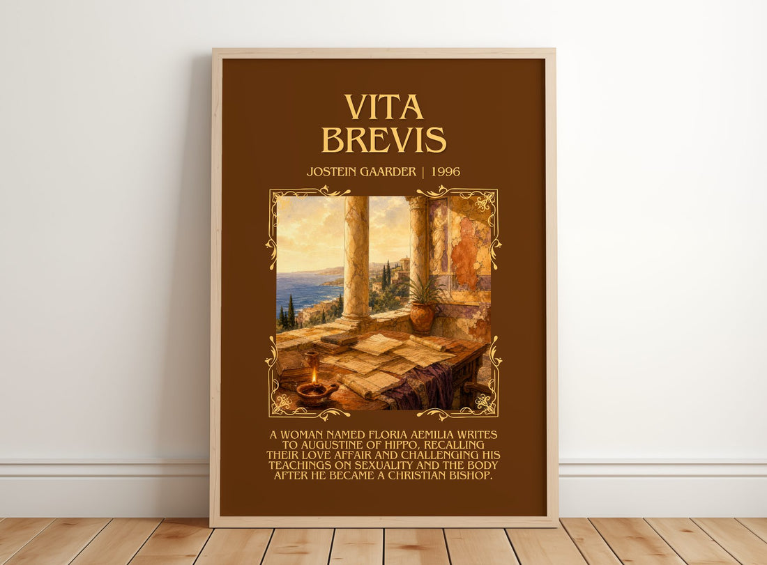 Vita Brevis Minimalist Book Poster by Jostein Gaarder – framed print leaning on a wooden floor