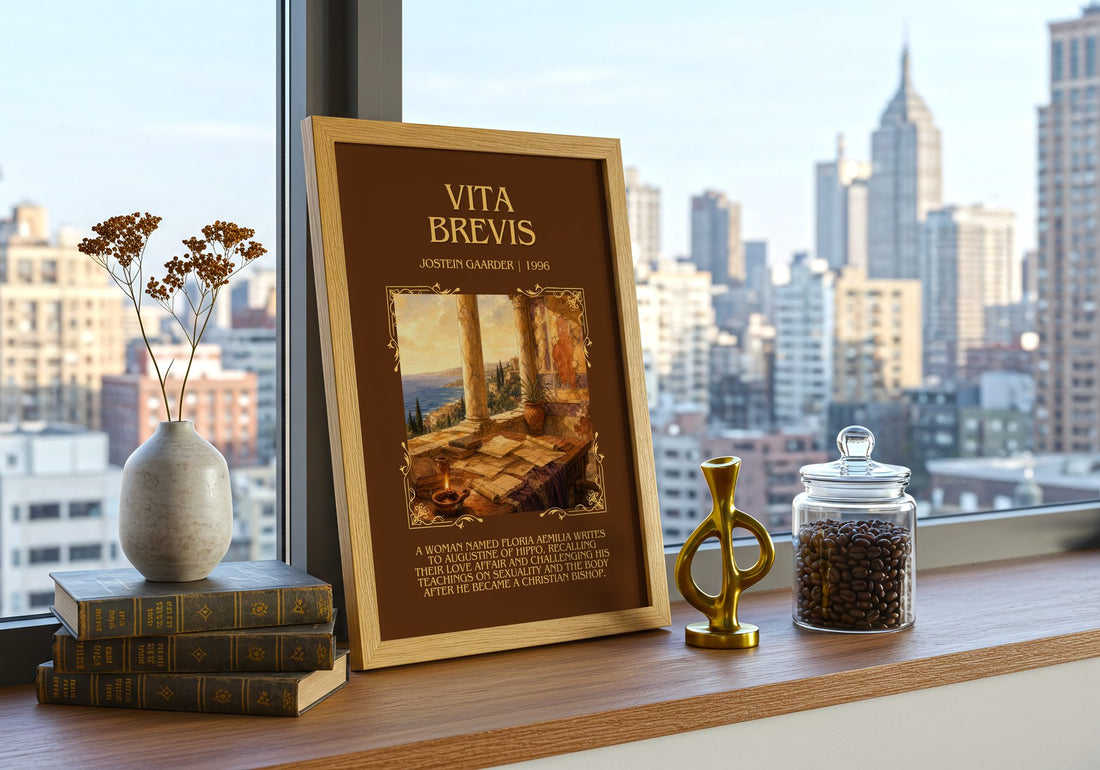 Vita Brevis Minimalist Book Poster by Jostein Gaarder – framed print on a city-view windowsill