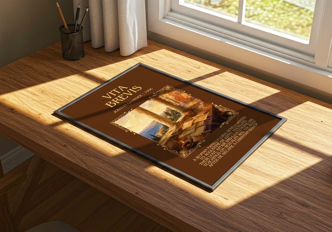 Vita Brevis Minimalist Book Poster by Jostein Gaarder – print on a sunlit desk