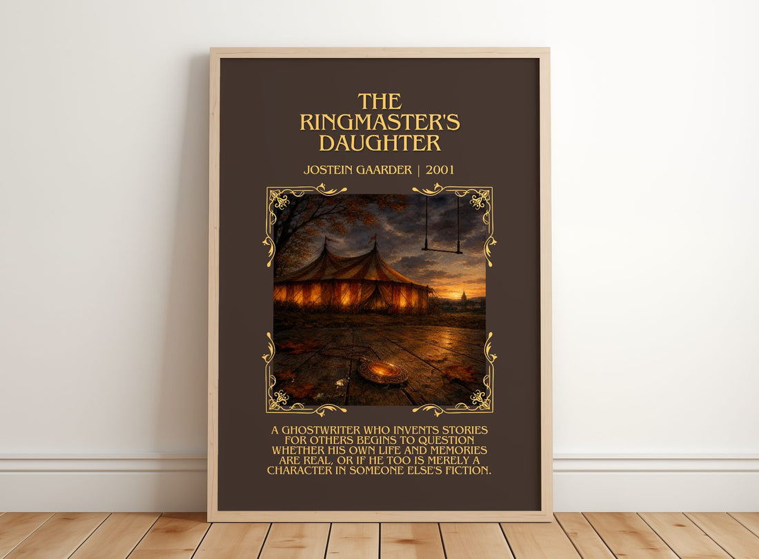 The Ringmaster'S Daughter Minimalist Book Poster by Jostein Gaarder – framed print leaning on a wooden floor