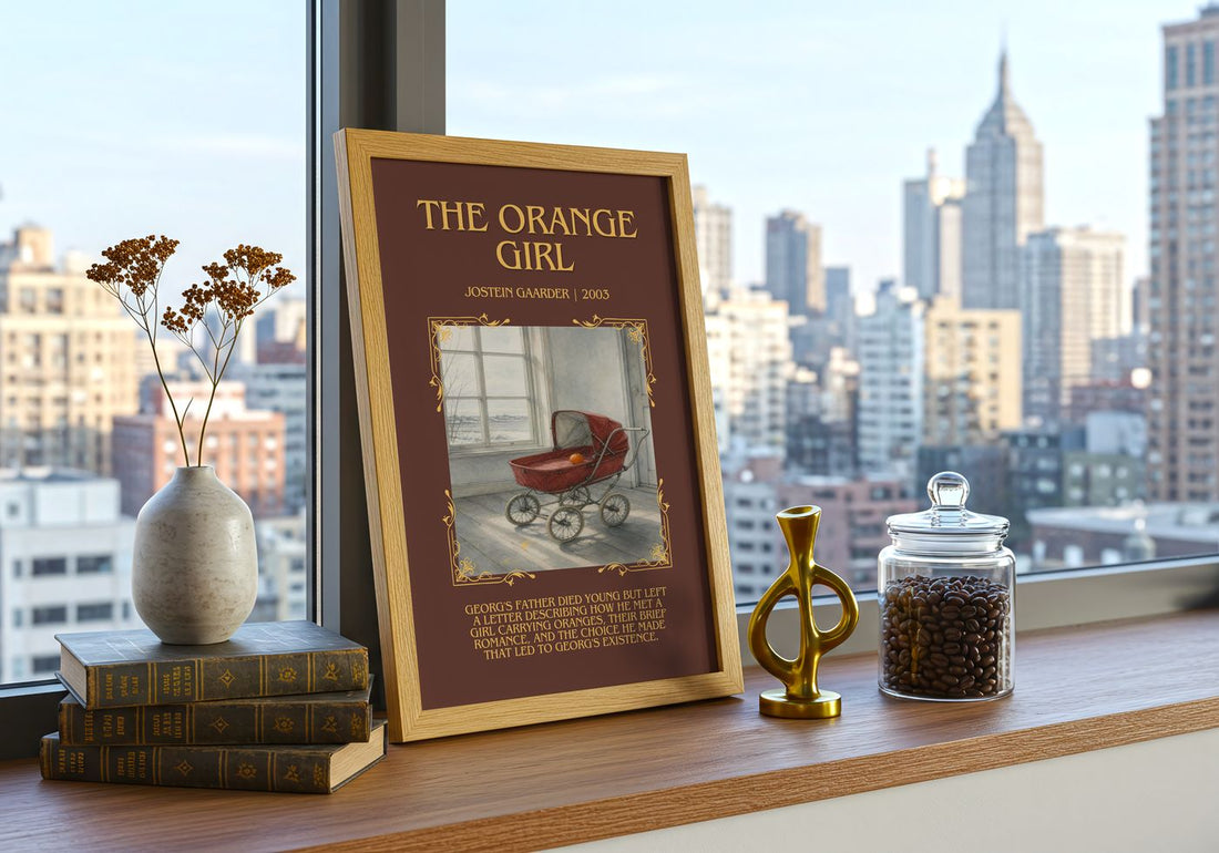 The Orange Girl Minimalist Book Poster by Jostein Gaarder – framed print on a city-view windowsill