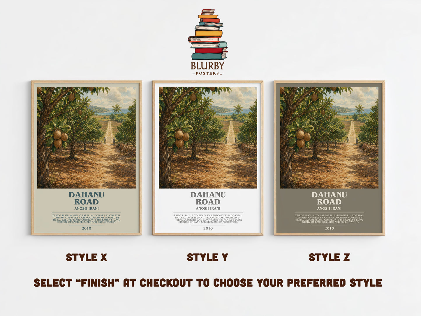 Dahanu Road bookish print in frame leaning in hallway – literary fiction wall art