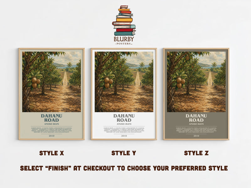 Dahanu Road bookish print in frame leaning in hallway – literary fiction wall art