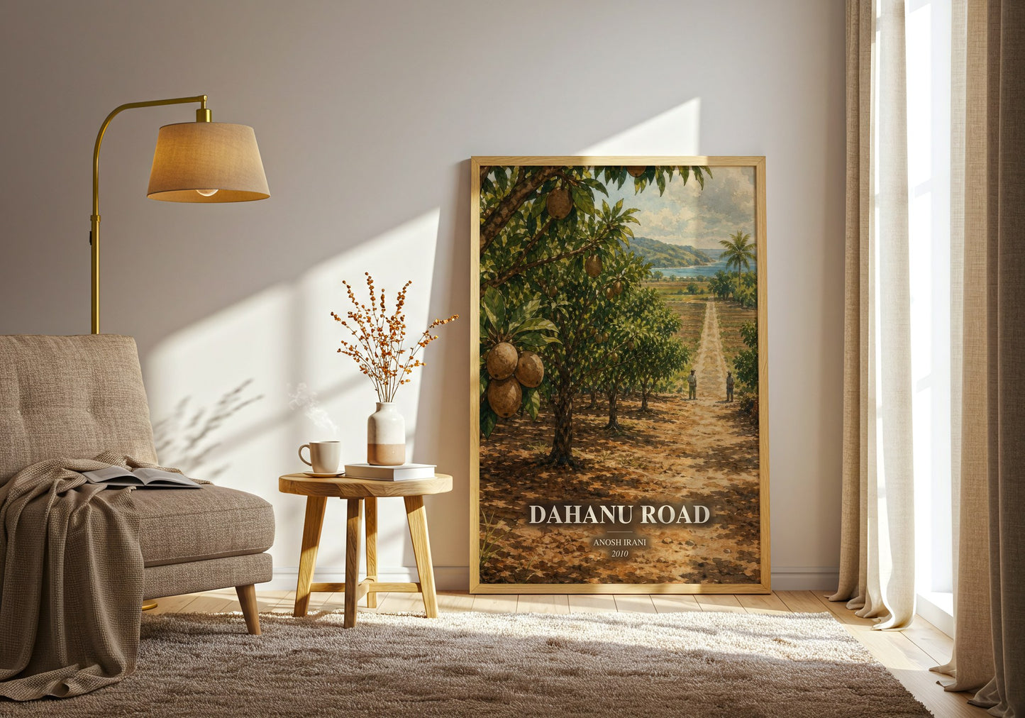 Dahanu Road watercolour print in frame leaning in hallway – literary fiction wall art