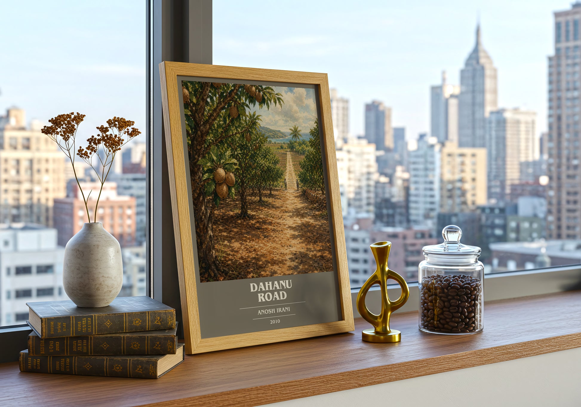 Dahanu Road book cover print framed by window – literary home decor