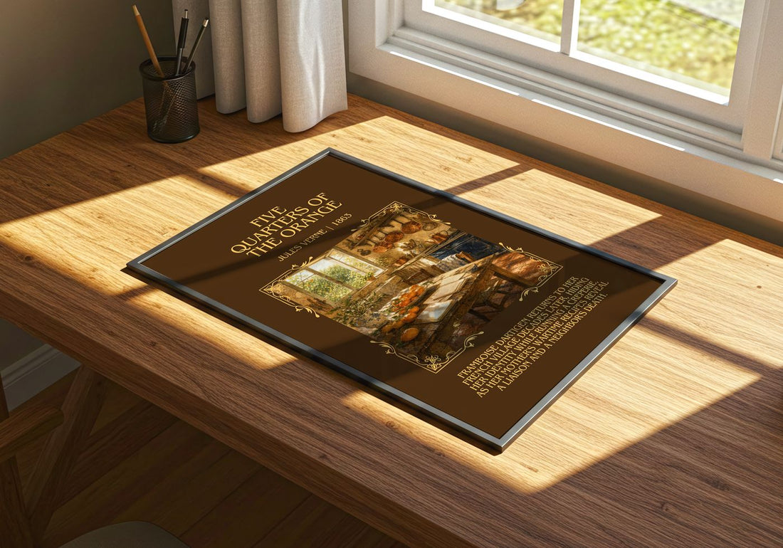 Five Quarters Of The Orange Minimalist Book Poster by Jules Verne – print on a sunlit desk