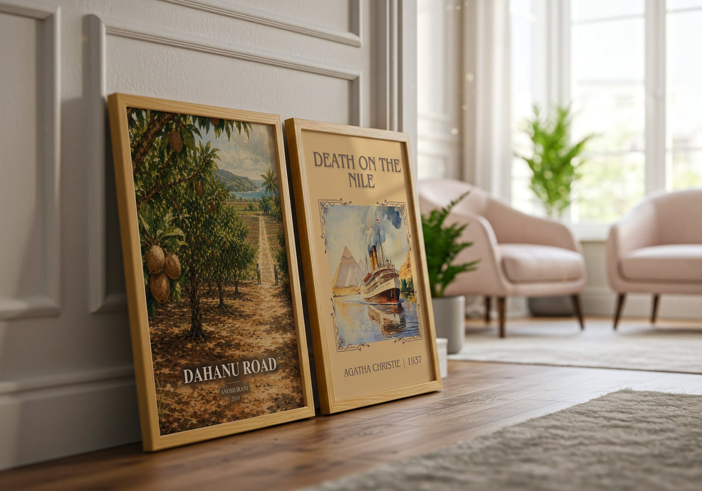 Dahanu Road watercolour print framed by window – literary home decor