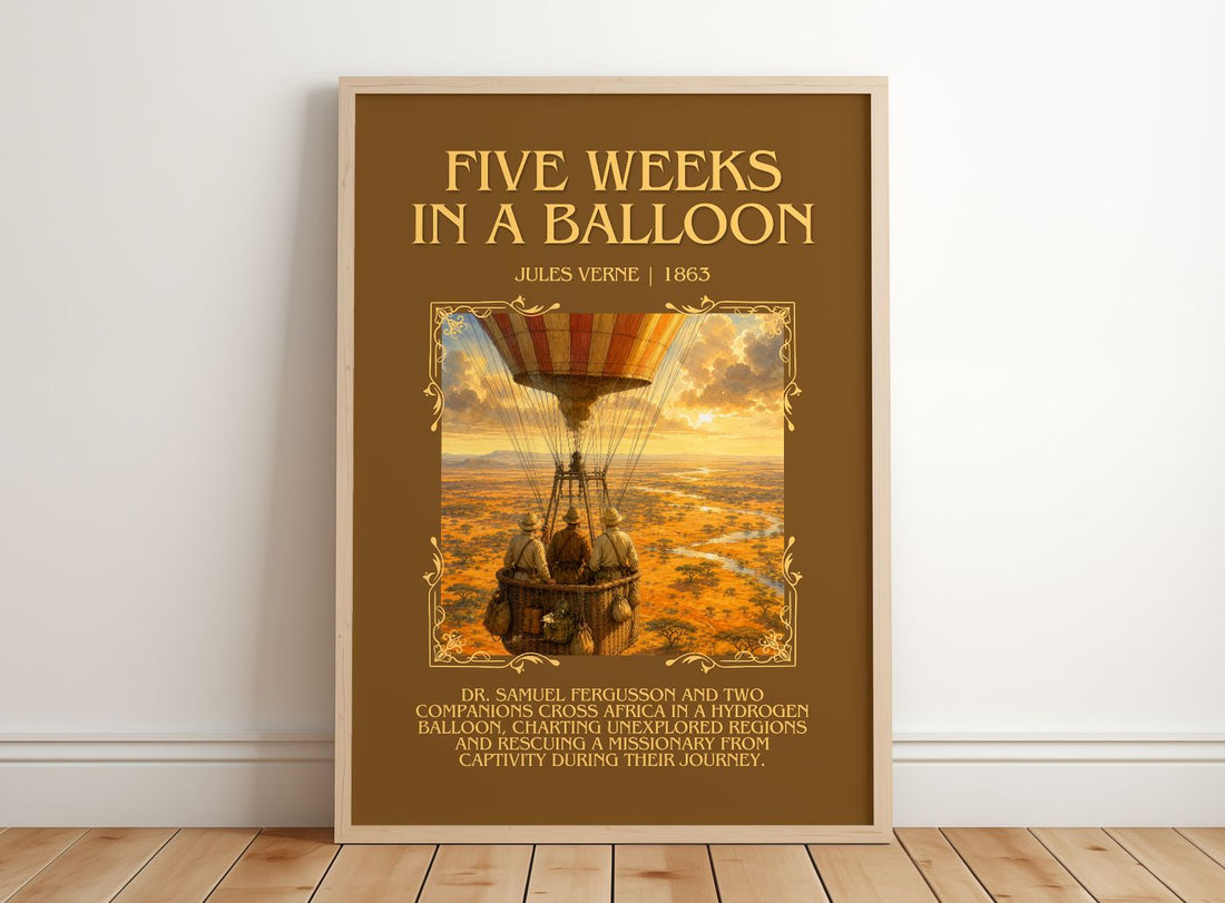 Five Weeks In A Balloon Minimalist Book Poster by Jules Verne – framed print leaning on a wooden floor