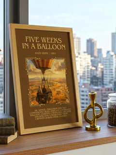 Five Weeks In A Balloon Minimalist Book Poster by Jules Verne – framed print on a city-view windowsill