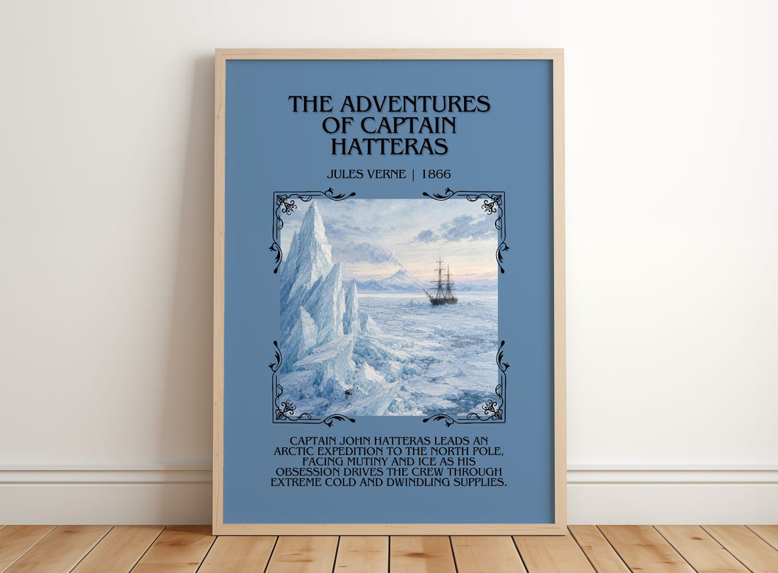 Adventures Of Captain Hatteras Minimalist Book Poster by Jules Verne – framed print leaning on a wooden floor
