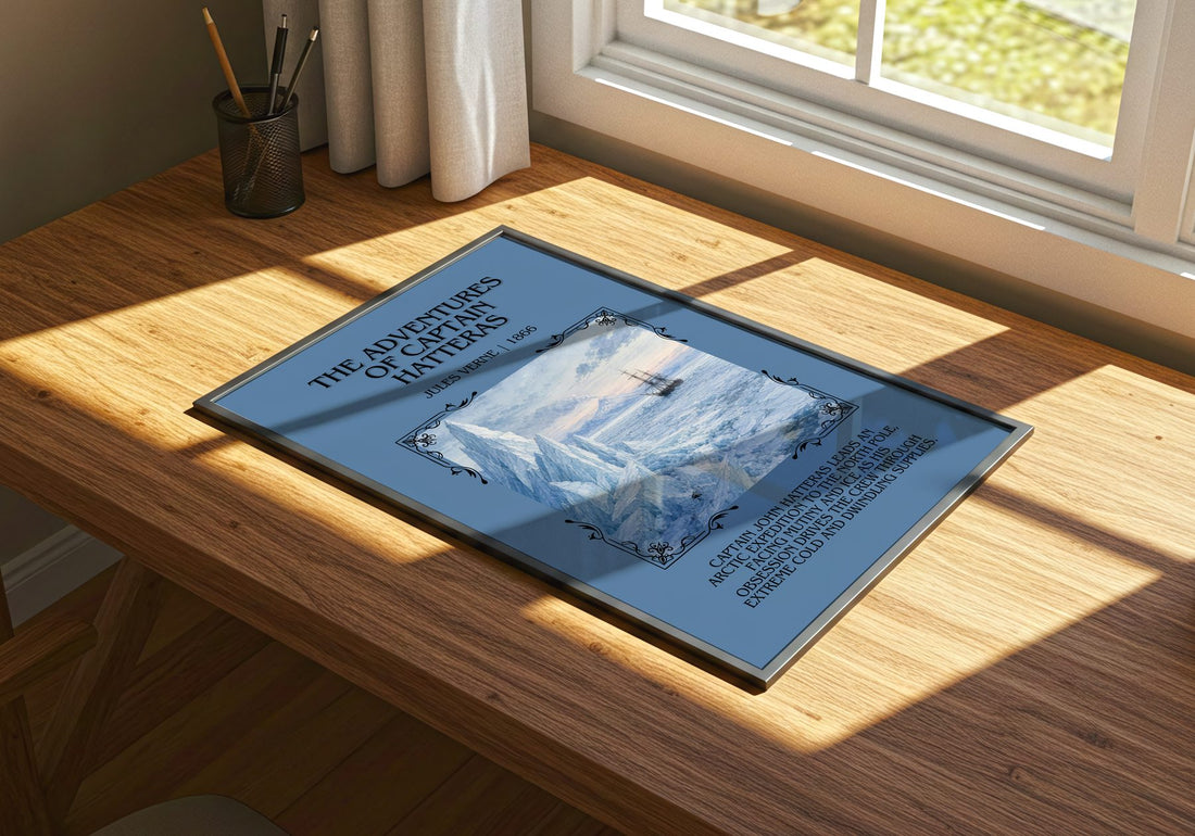 Adventures Of Captain Hatteras Minimalist Book Poster by Jules Verne – print on a sunlit desk