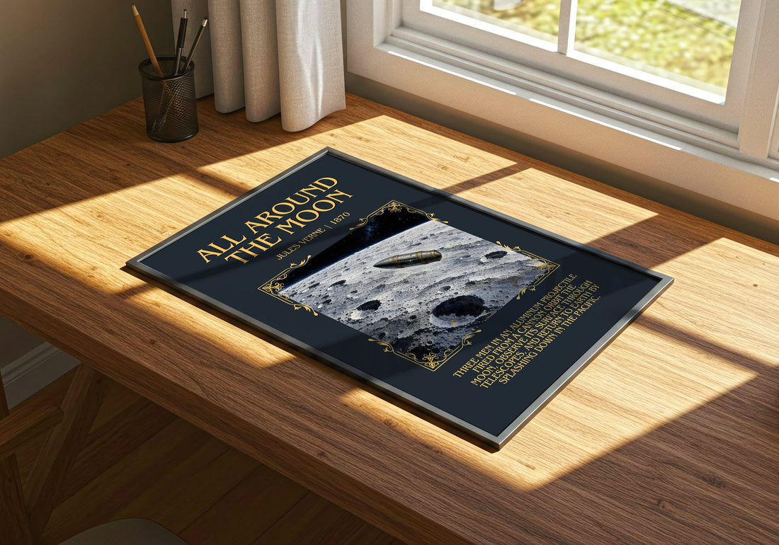 All Around The Moon Minimalist Book Poster by Jules Verne – print on a sunlit desk