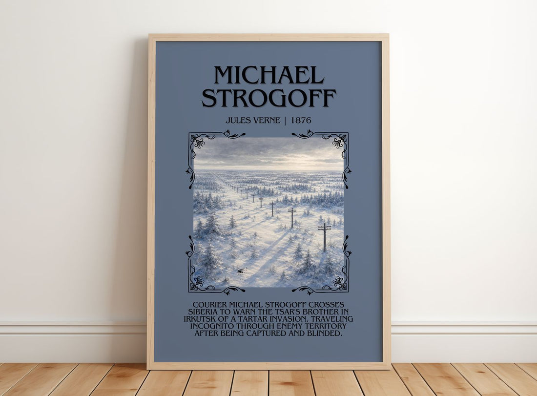Michael Strogoff Minimalist Book Poster by Jules Verne – framed print leaning on a wooden floor
