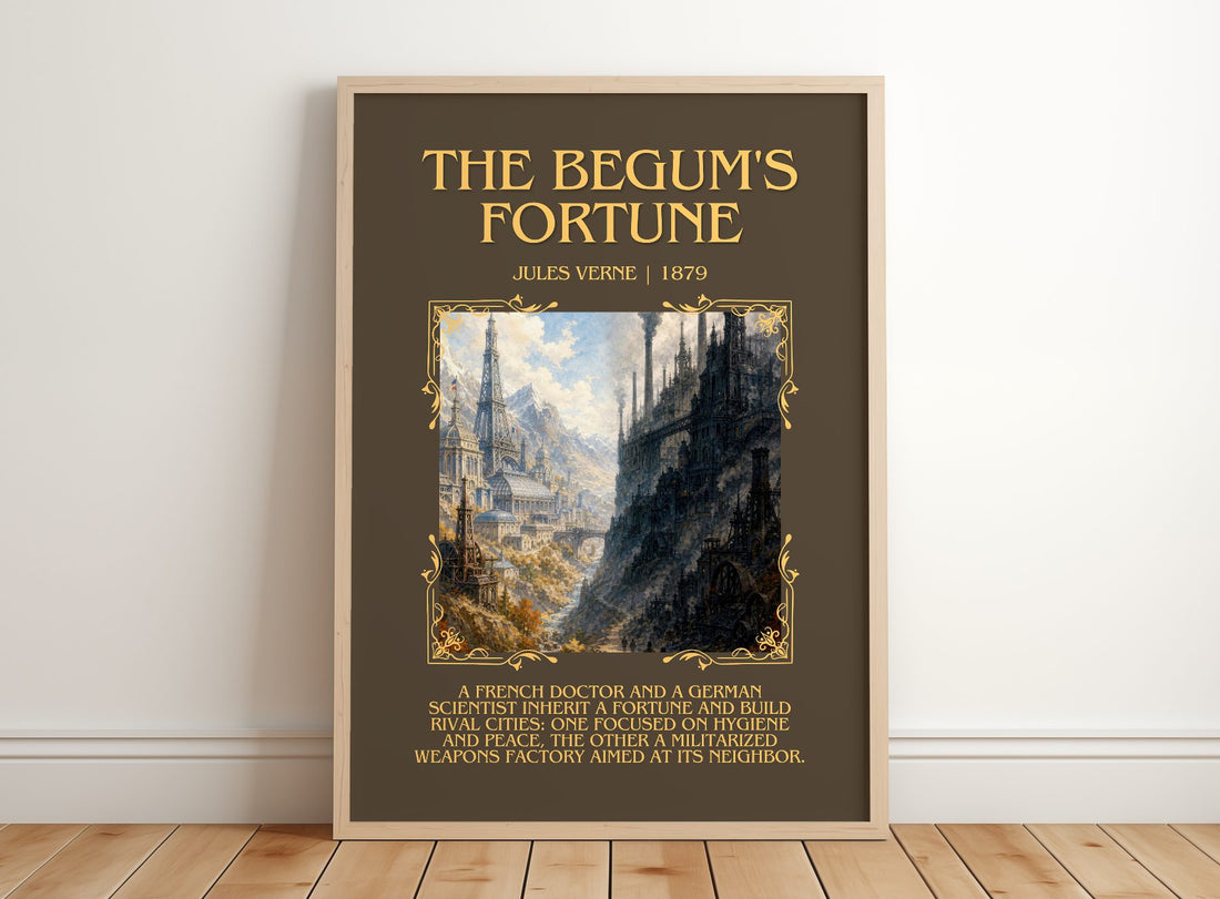 The Begum'S Fortune Minimalist Book Poster by Jules Verne – framed print leaning on a wooden floor